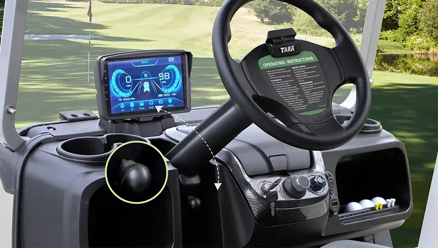 Close-up of Tara golf cart comfort grip steering wheel designed for comfortable and precise handling