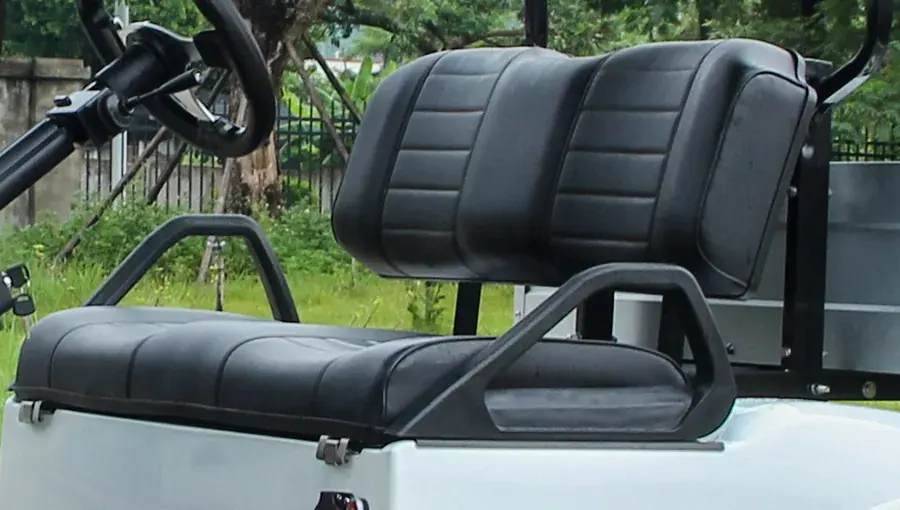Tara golf cart premium leather seats with contrast stitching and cushioned support

