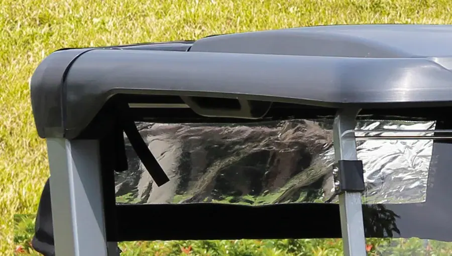Close-up of heavy-duty injection molded canopy on Tara golf cart, designed to provide robust protection from sun and rain