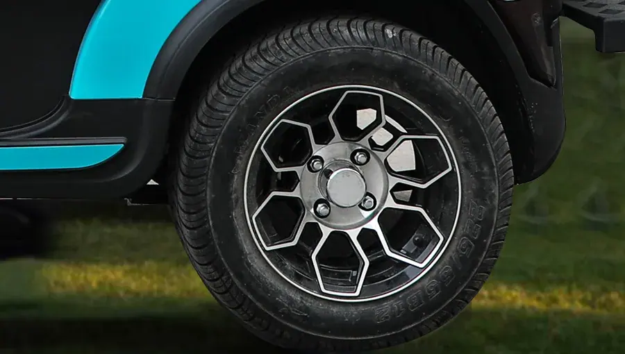 Close-up of Tara golf cart 12-inch aluminum wheel paired with a radial tire, offering strength and smooth ride performance