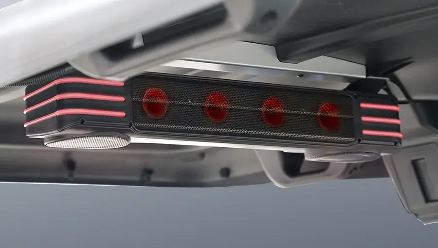 Close-up of Tara golf cart cuboid sound bar delivering high-quality sound with sleek design