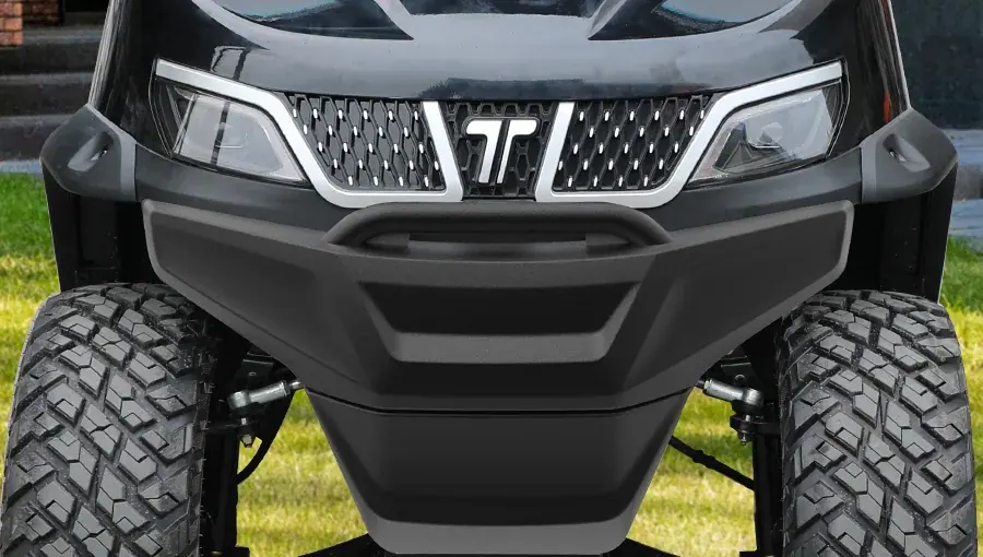 Close-up of Tara golf cart front bumper combined with LED headlights, taillights, and indicator lights for enhanced safety